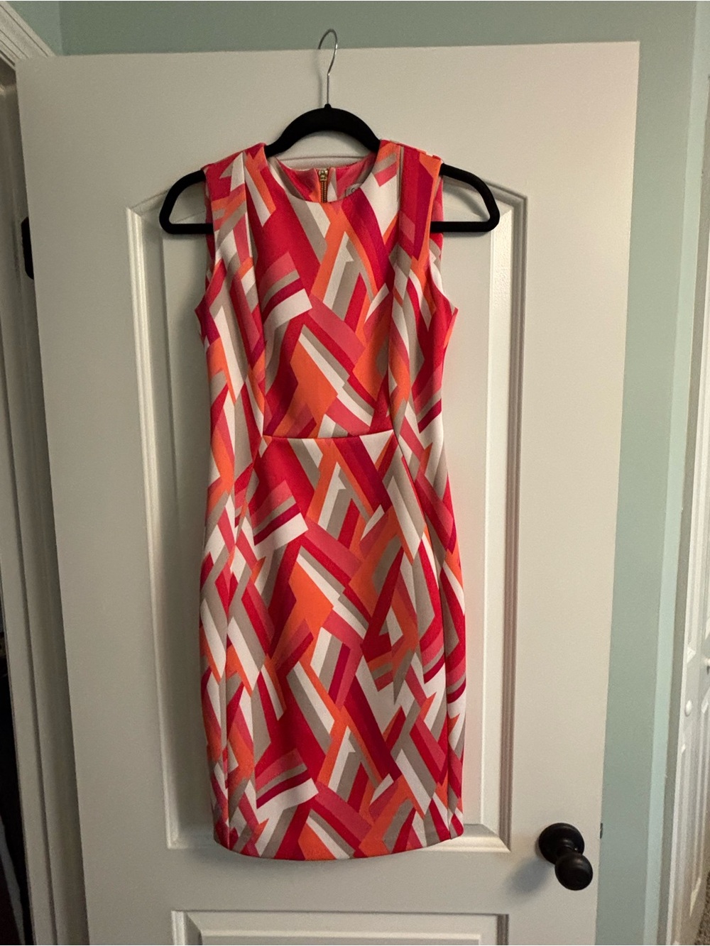 Calvin Klein Sleeveless Geometric Midi Dress in Coral, Orange & White Size 2 EUC